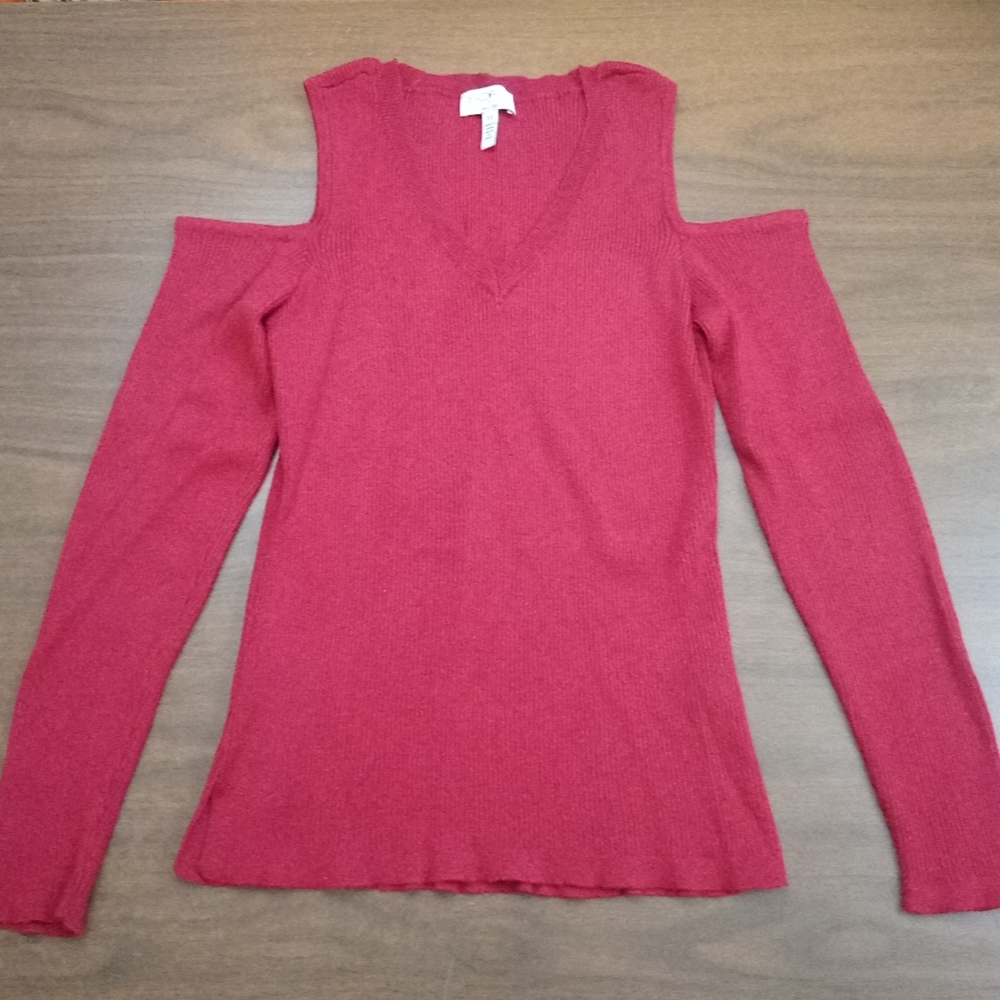 Red Long Sleeve Cold Shoulder V Neck Ribbed Sweater Top